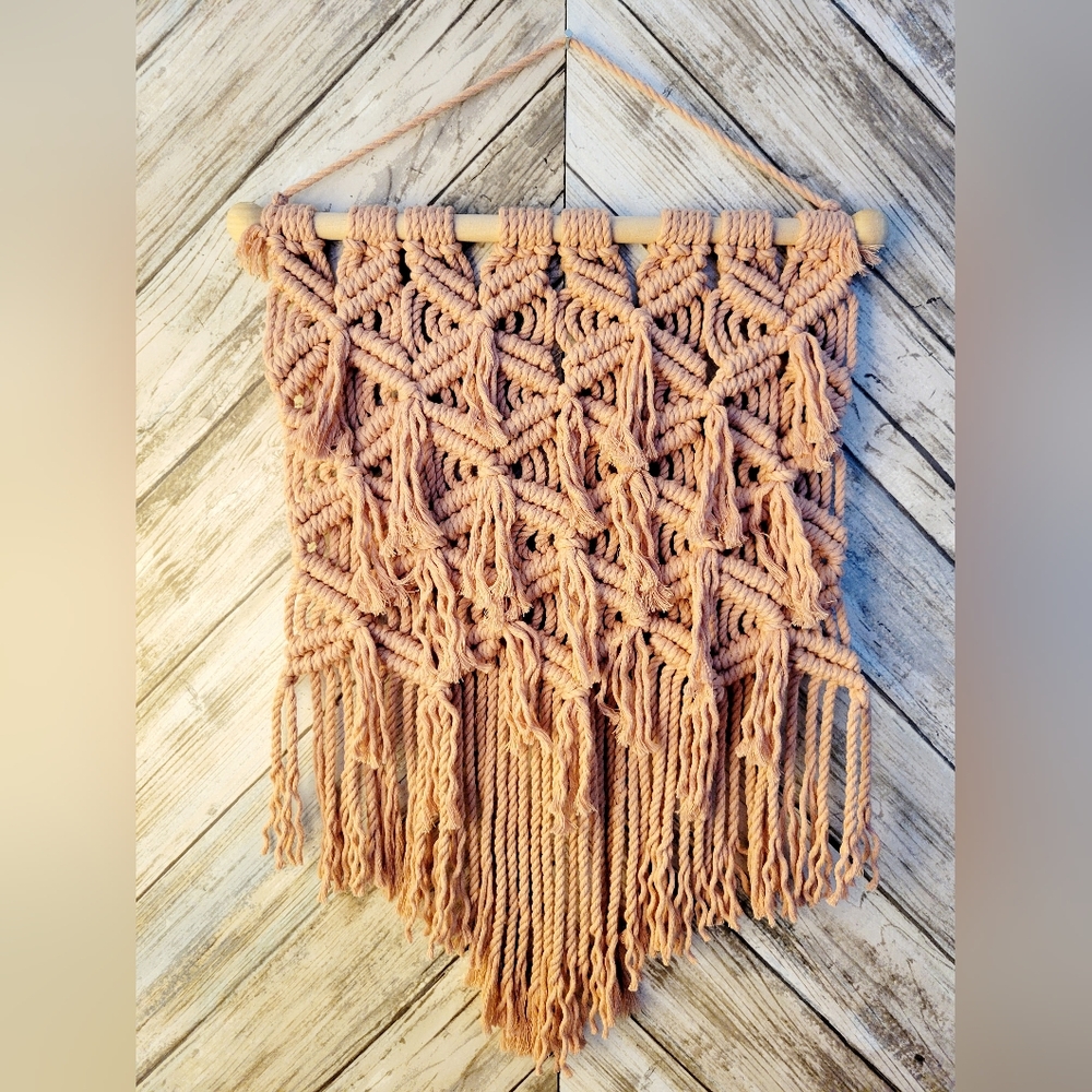 🆕️ 13x21 Pink rose macrame boho home decor waterfall woven wall hanging tassels